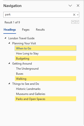 Navigation pane find search results under Headings tab
